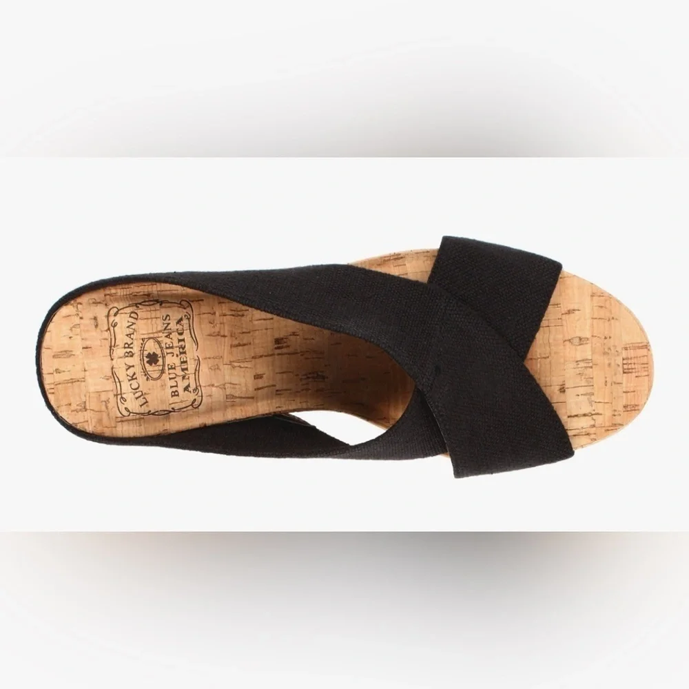 Lucky Brand  Black Strap Open Toe Cork  Wedge Heels size 7.5